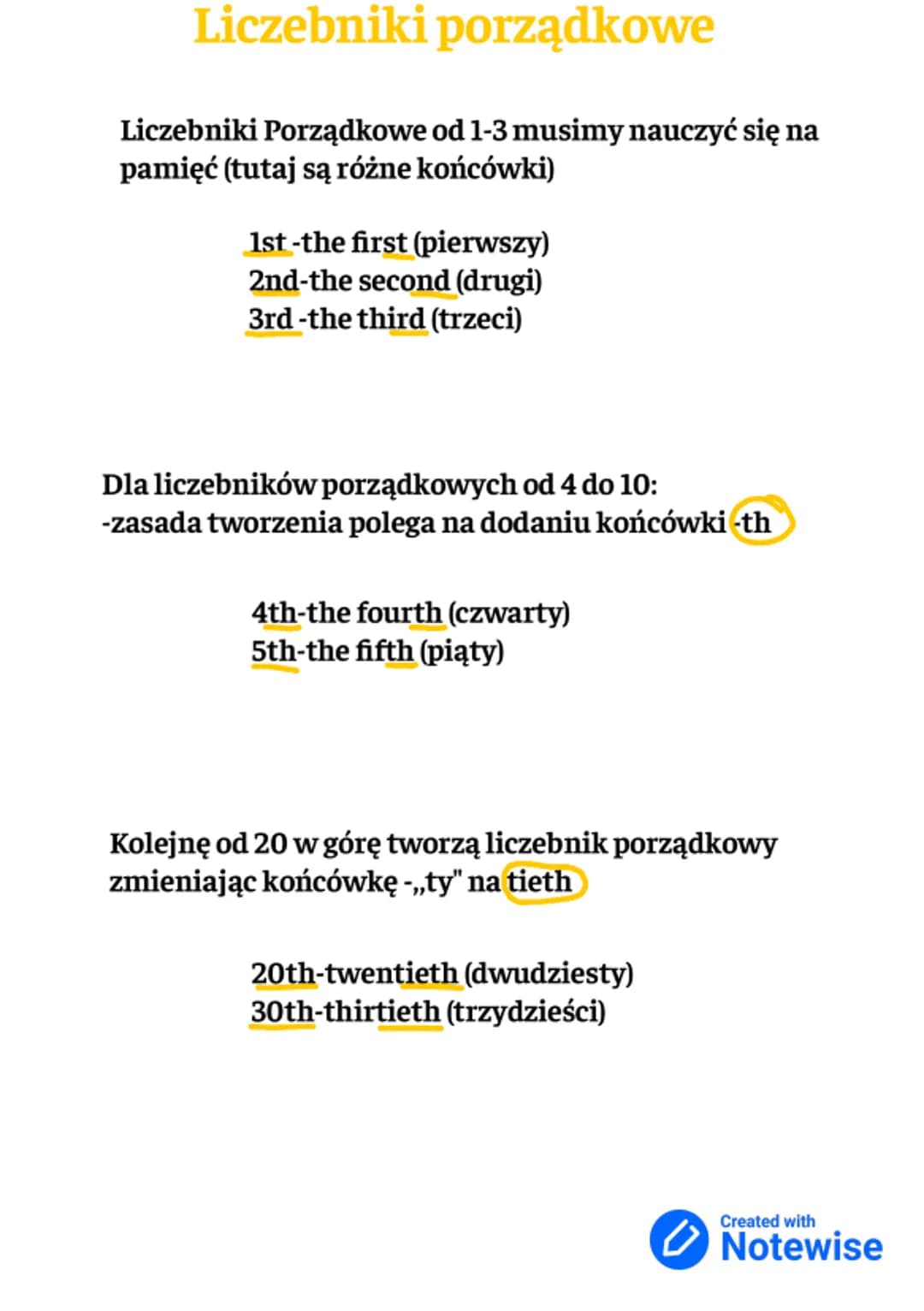 # Liczebniki porządkowe
Liczebniki Porządkowe od 1-3 musimy nauczyć się na
pamięć (tutaj są różne końcówki)
1st -the first (pierwszy)
2nd-