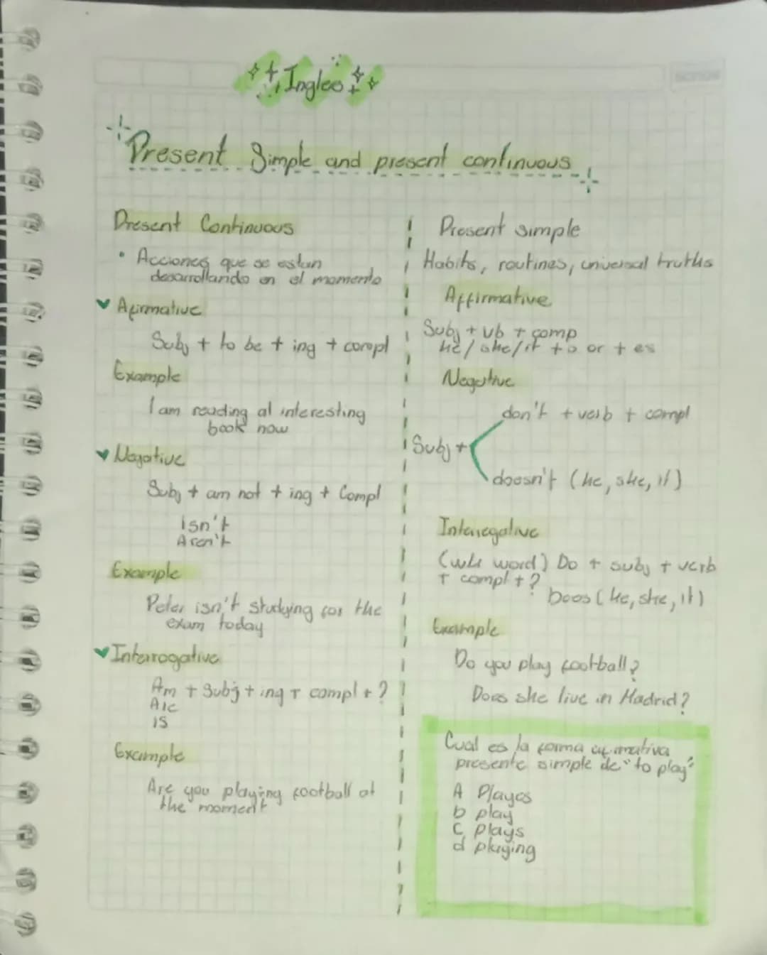 # Ingles
'Present Simple and present continuous
Present Continuous
* Acciones que se estan desarrollando en el momento
Afirmative
Suby