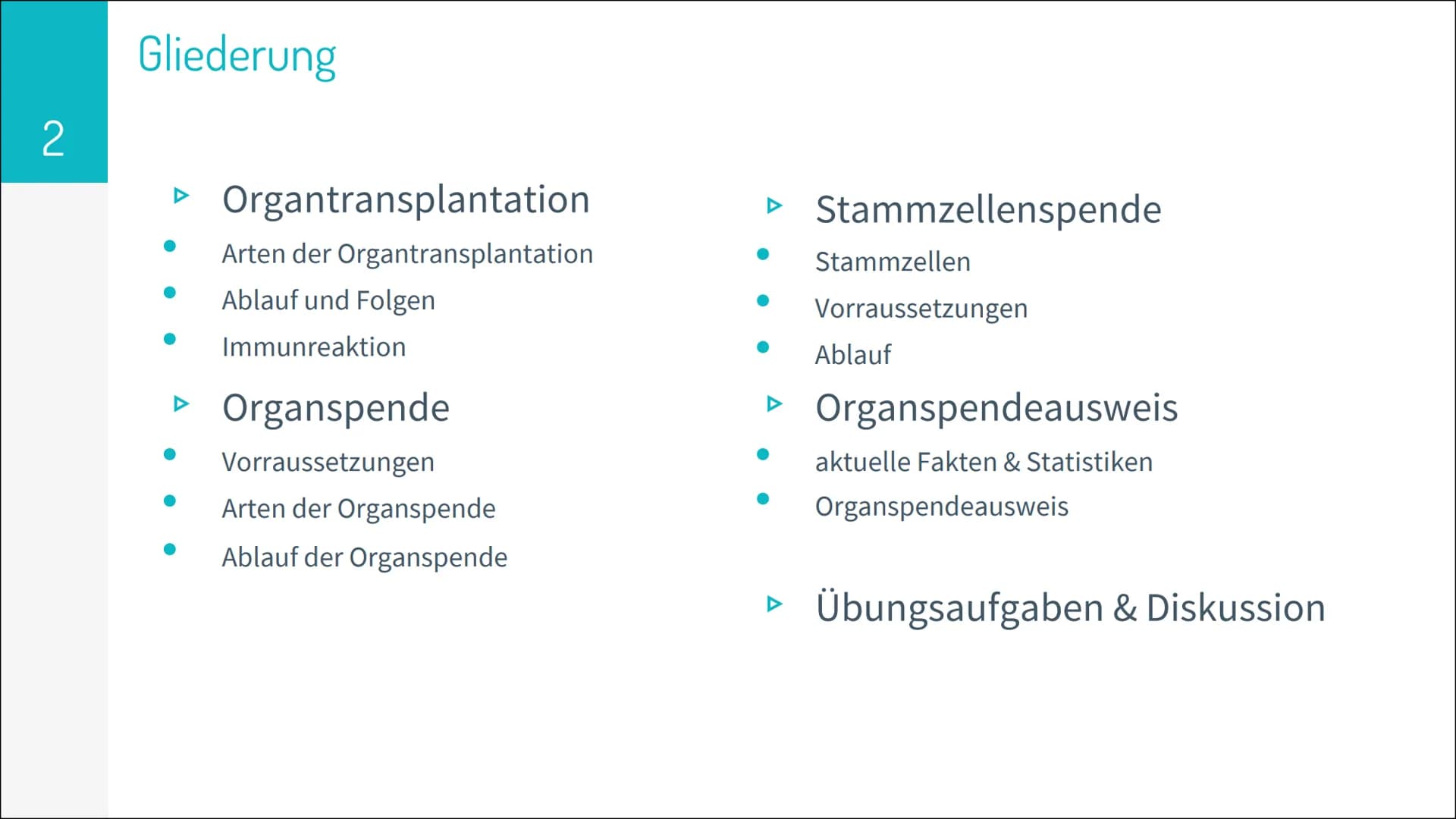 # ORGAN TRANSPLANTATION 2
# Gliederung
▷ Organtransplantation
* Arten der Organtransplantation
* Ablauf und Folgen
* Immunreaktion