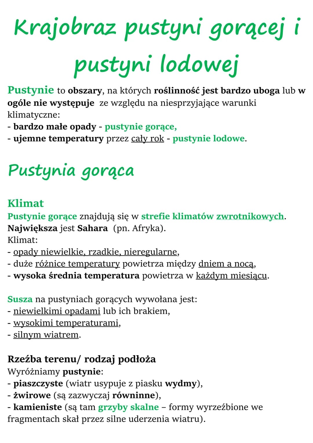 # Krajobraz pustyni gorącej i
pustyni lodowej
Pustynie to obszary, na których roślinność jest bardzo uboga lub w
ogóle nie występuje ze wzg