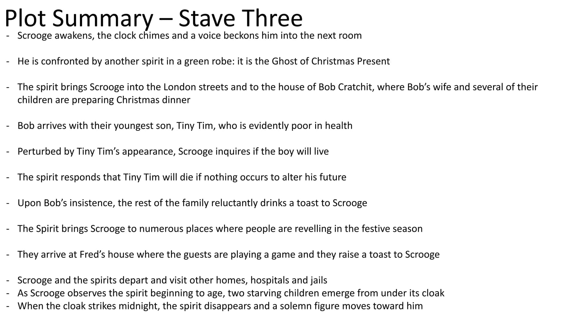# A Christmas Carol # Plot Summary - Stave One
- The opening lines declare that a man called Jacob Marley is dead
- Marley had been a former