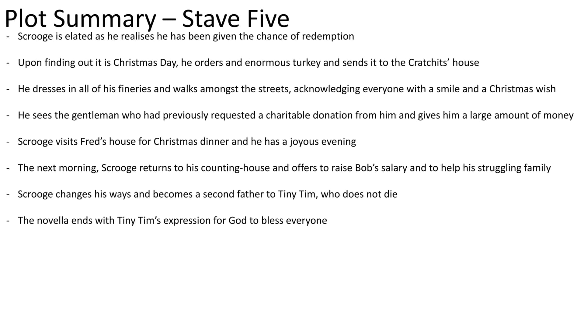 # A Christmas Carol # Plot Summary - Stave One
- The opening lines declare that a man called Jacob Marley is dead
- Marley had been a former