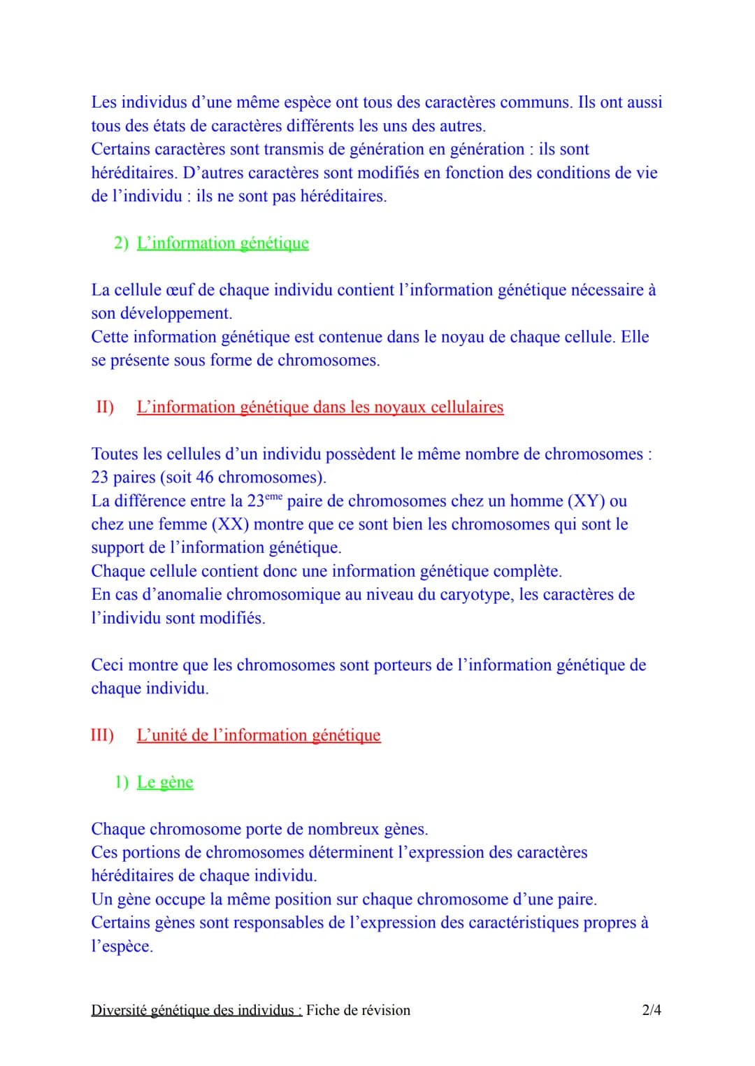 # Chapitre n°1 : Diversité génétique des individus
Fiche de révision
Introduction:
Tous les êtres vivants sont constitués de cellules.
Cha