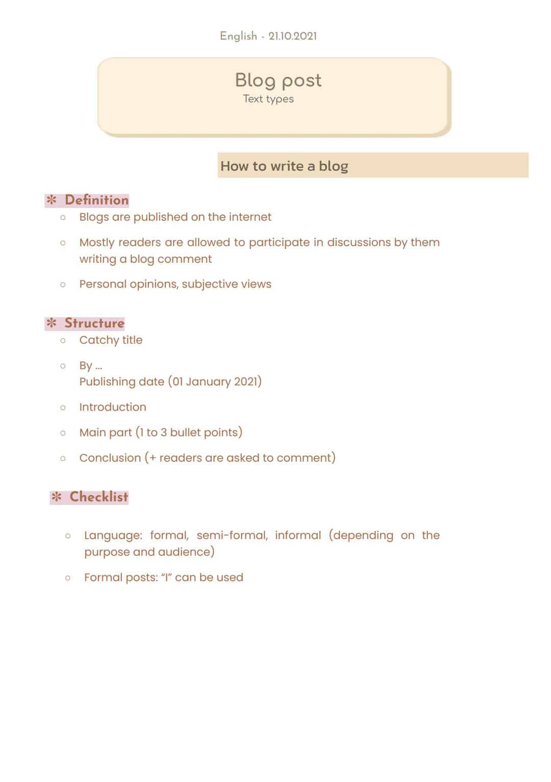 English 21.10.2021
Blog post
Text types
How to write a blog
* Definition
0 Blogs are published on the internet
* Mostly readers are allowe