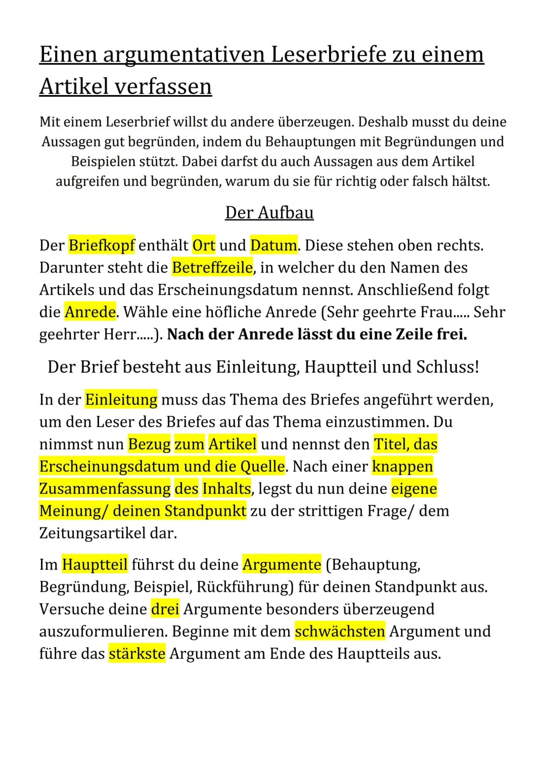 # Einen argumentativen Leserbriefe zu einem
Artikel verfassen
Mit einem Leserbrief willst du andere überzeugen. Deshalb musst du deine
Auss