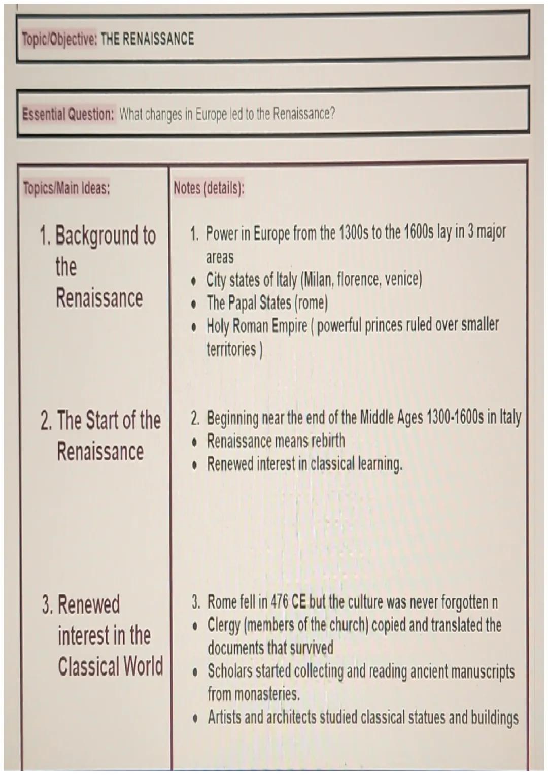 Topic/Objective: THE RENAISSANCE
Essential Question: What changes in Europe led to the Renaissance?
Topics/Main Ideas:
Notes (details):
1