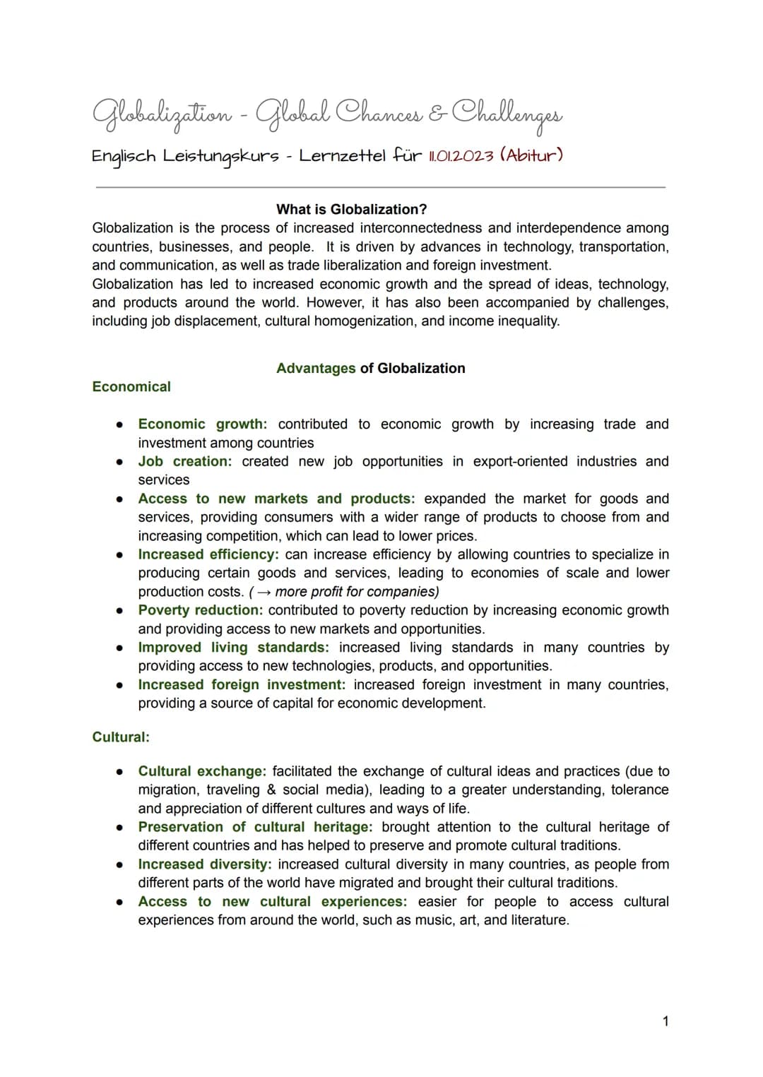 # Globalization - Global Chances & Challenges
Englisch Leistungskurs - Lernzettel für 1.101.2023 (Abitur)
What is Globalization?
Globaliz