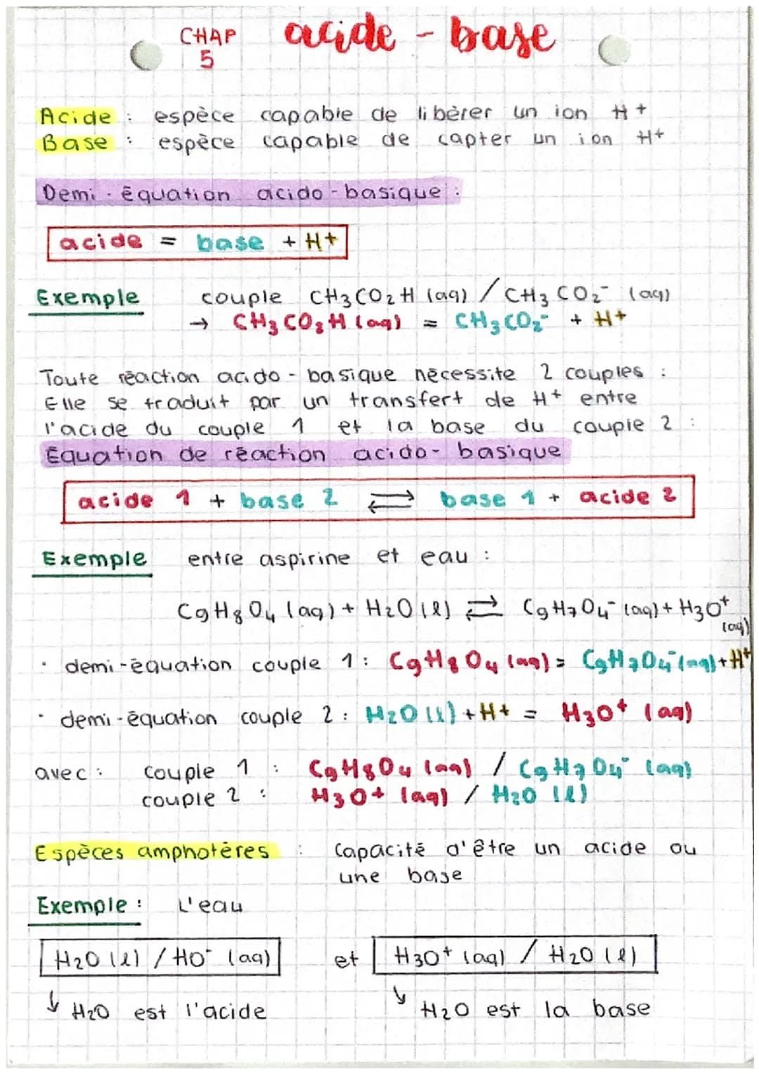 # CHAP 5 acide - base
Acide : espèce capable de libèrer un ion H+
Base : espèce capable de capter un ion H+
Demi équation acido-basique: