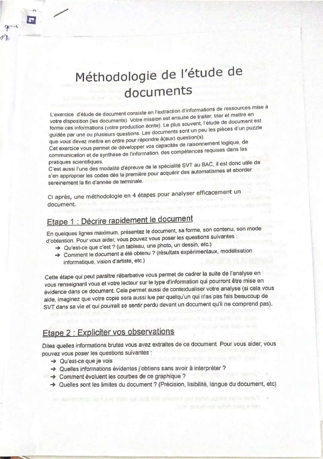q
d'A
Méthodologie de l'étude de
documents
L'exercice d'étude de document consiste en l'extraction d'informations de ressources mise à
vot