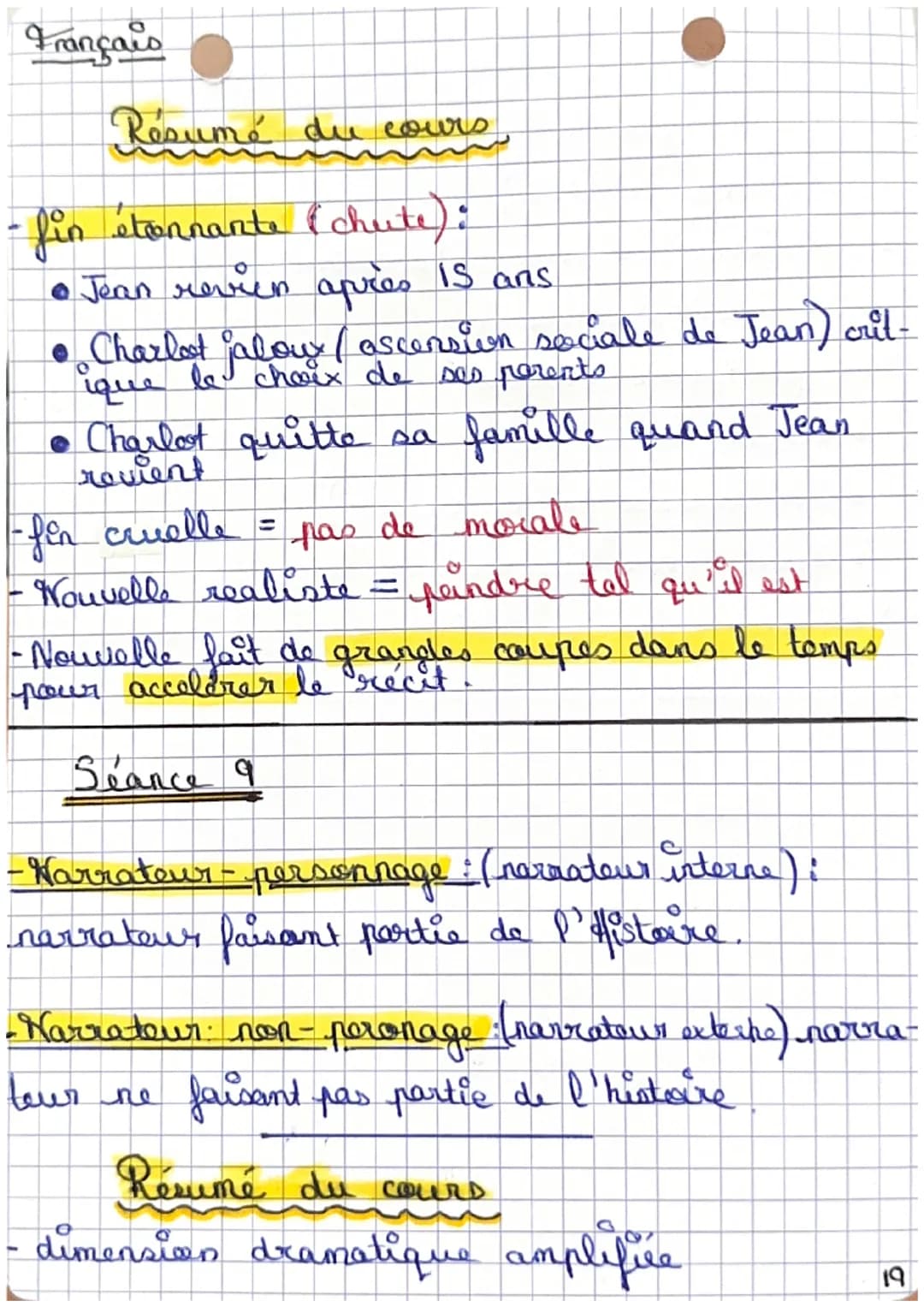 Français La nouvelle fantastique
Résumé de seance:
Seance 1
- l'incipit: début de récit qui présente persomag-
es/cadre/intrique.
Cadre