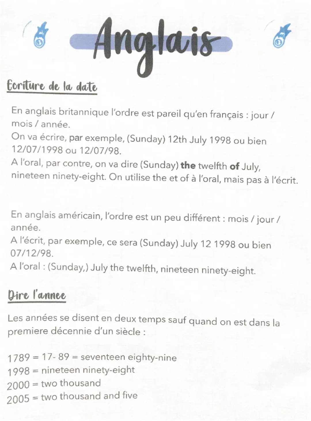 # Anglais
Ecriture de la date
F
En anglais britannique l'ordre est pareil qu'en français: jour /
mois / année.
On va écrire, par exemple