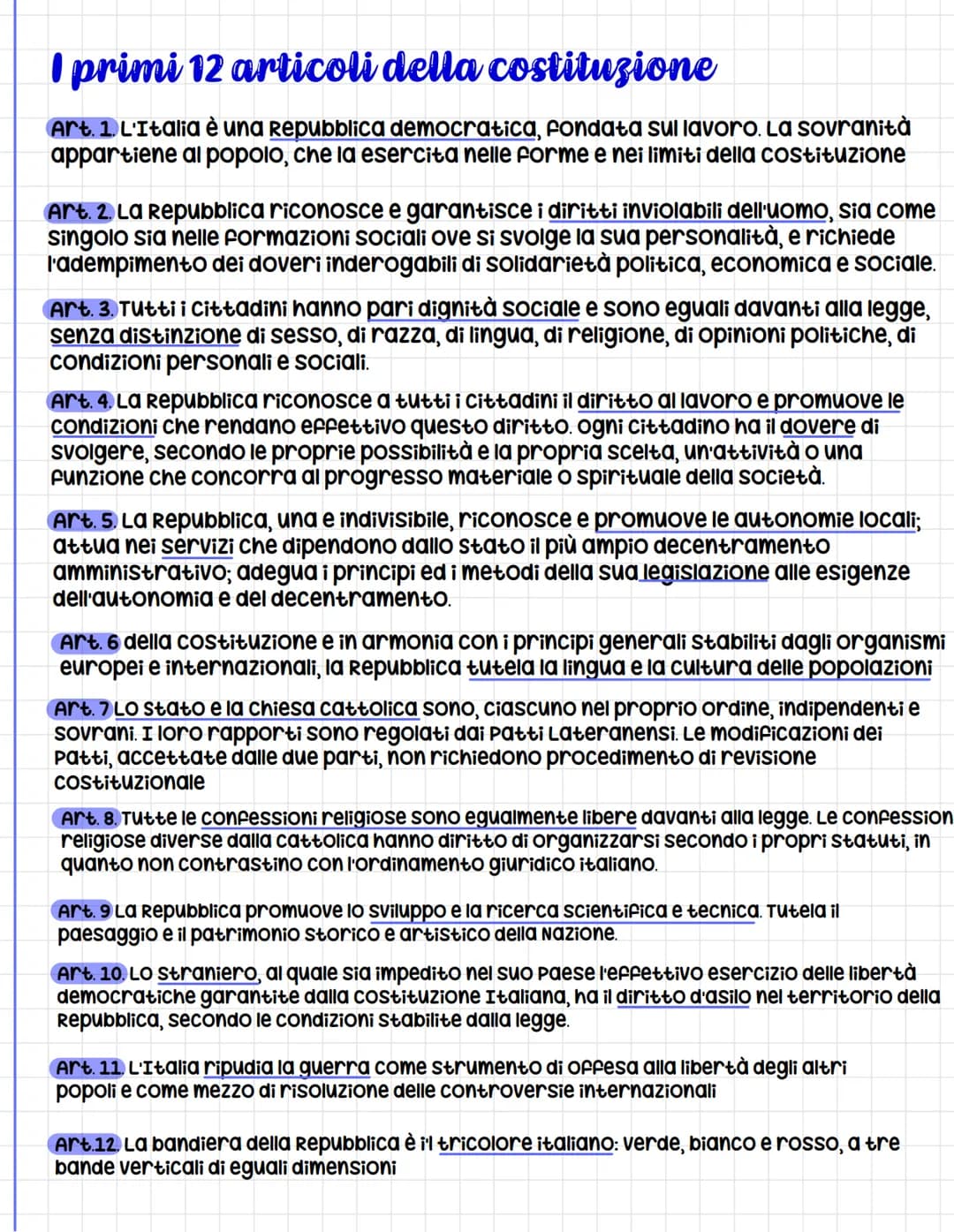 # I primi 12 articoli della costituzione
Art. 1. L'Italia è una repubblica democratica, fondata sul lavoro. La sovranità
appartiene al popo