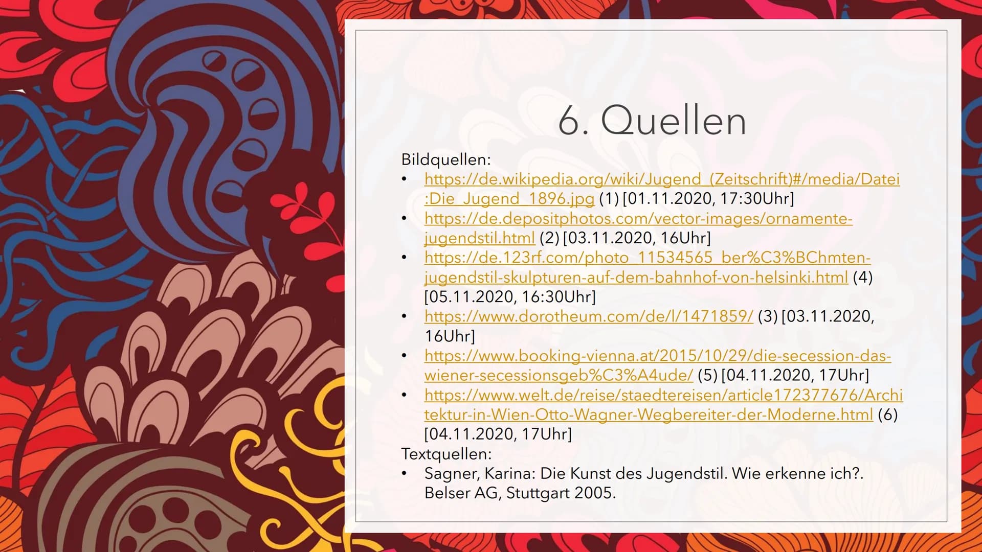JUGENDSTIL # Gliederung
1. Entstehung
2. Lebensreformbewegung
3. Allgemeine Merkmale
4. Architektur
5. Skulptur
6. Quellen (1)
JUGEND