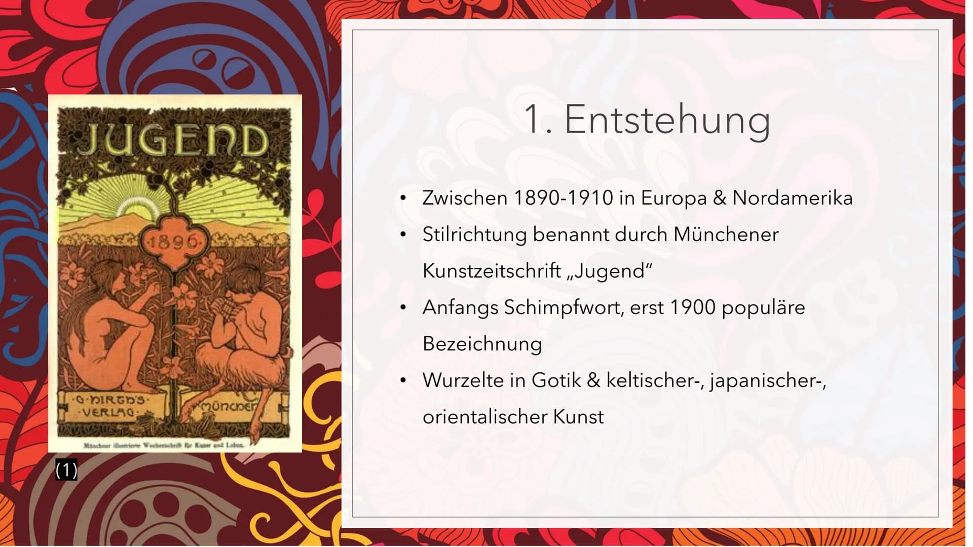 JUGENDSTIL # Gliederung
1. Entstehung
2. Lebensreformbewegung
3. Allgemeine Merkmale
4. Architektur
5. Skulptur
6. Quellen (1)
JUGEND