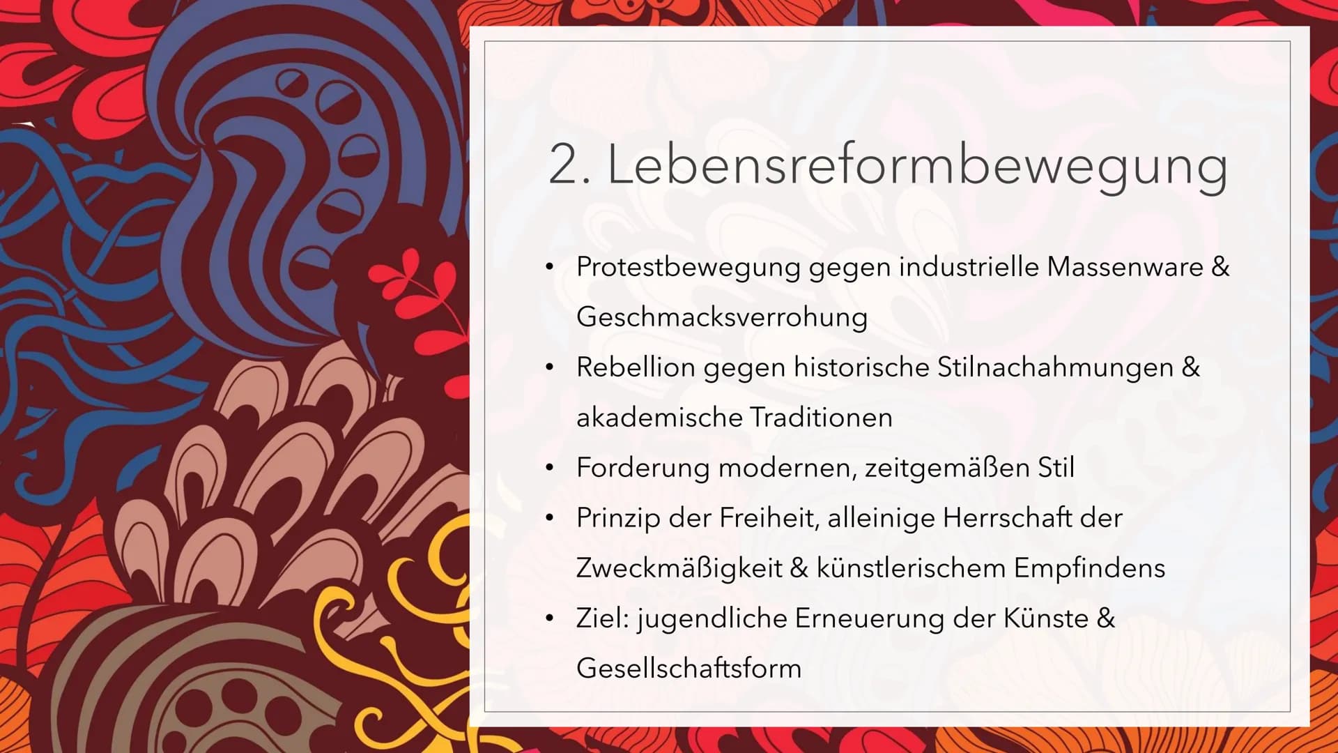 JUGENDSTIL # Gliederung
1. Entstehung
2. Lebensreformbewegung
3. Allgemeine Merkmale
4. Architektur
5. Skulptur
6. Quellen (1)
JUGEND