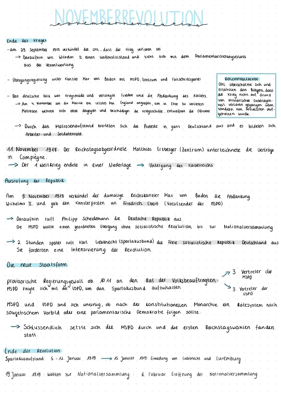 # NOVEMBERREVOLUTION:
Ende des Krieges
- am 29 September 1918 verkündet die OHL, dass der Krieg verloren sei
→Daraufhin will Wilhelm II ei