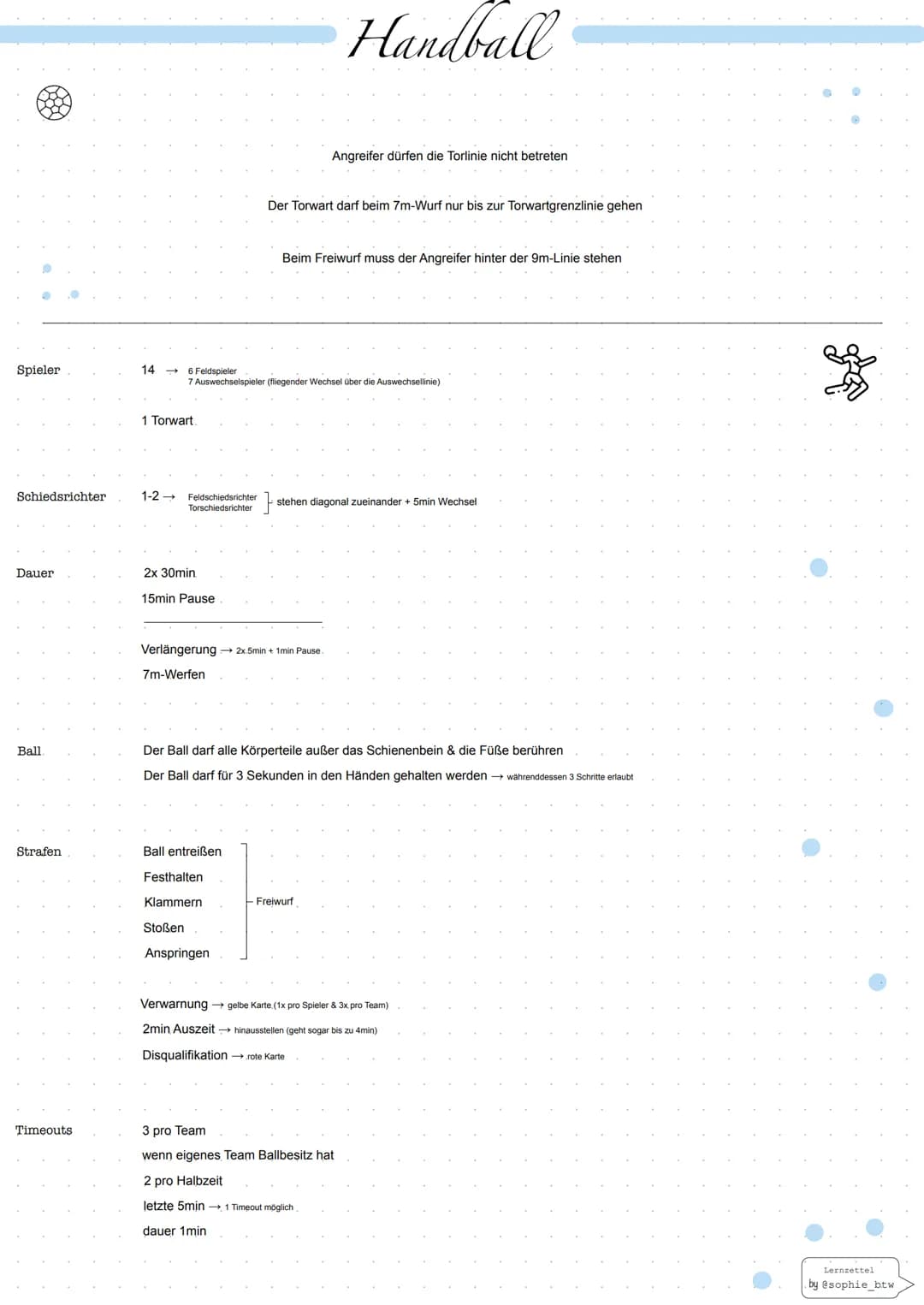 # Handball
2m
3m
Torwartgrenzlinie (4m)
Mittellinie
Seitenlinie (40m)
Torlinie
Torauslinie (20m)
Torraum
Auswechsellinie
(9m)
Frei
