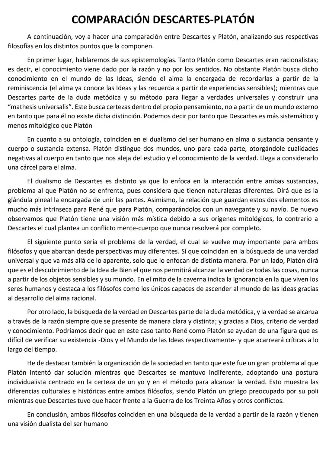 COMPARACIÓN DESCARTES-PLATÓN
A continuación, voy a hacer una comparación entre Descartes y Platón, analizando sus respectivas
filosofías en