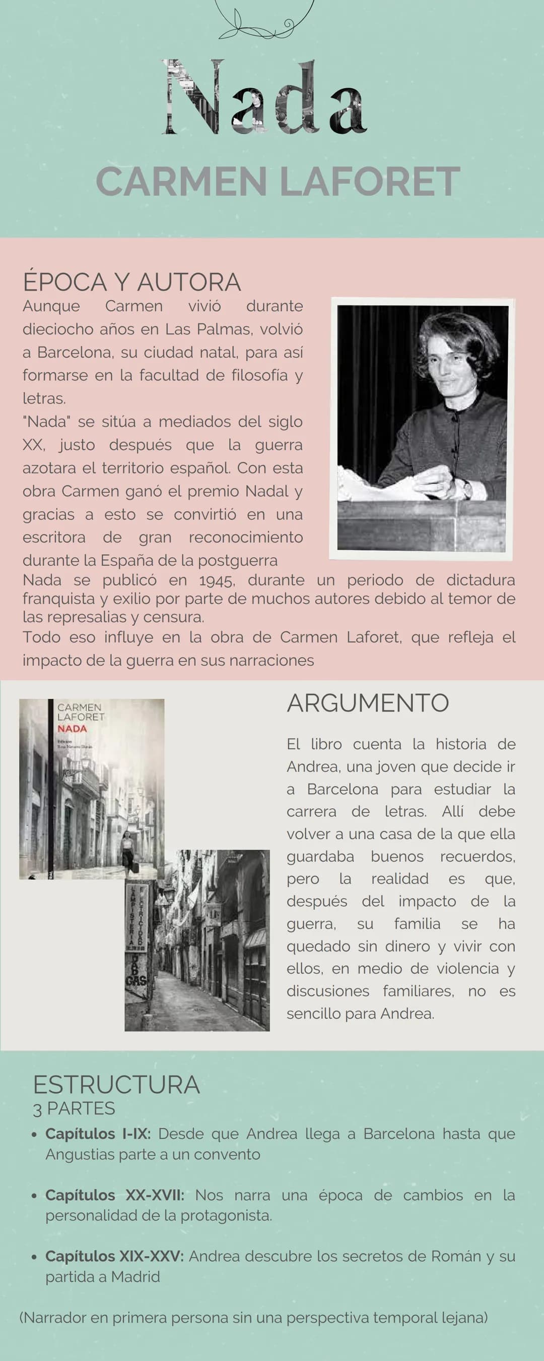 # Nada
CARMEN LAFORET
ÉPOCA Y AUTORA
Aunque Carmen vivió durante
dieciocho años en Las Palmas, volvió
a Barcelona, su ciudad natal, para