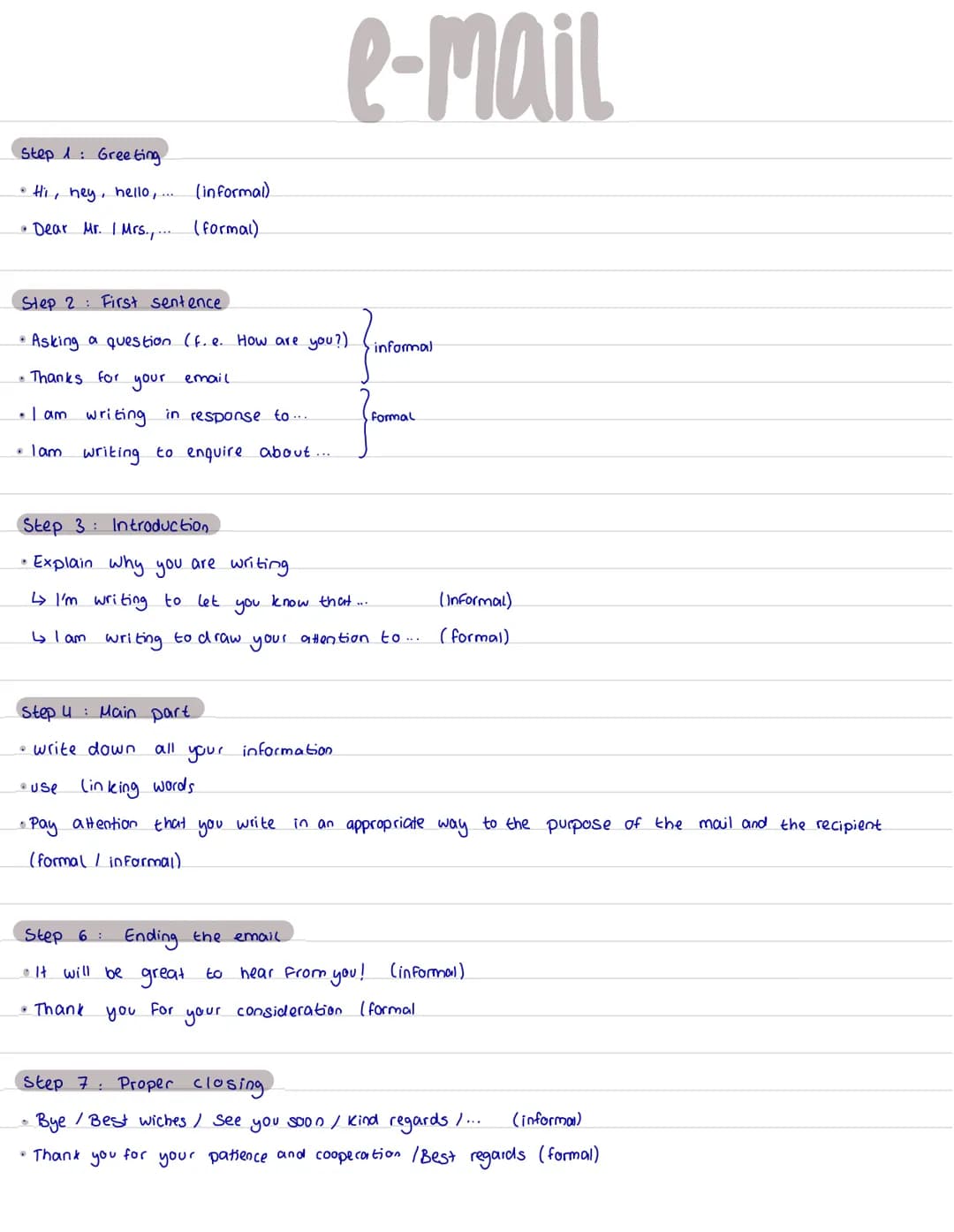# e-mail
Step 1: Greeting
* Hi, hey, hello, ... (informal)
* Dear Mr. 1 Mrs.,... (formal)
Step 2: First sentence
* Asking a question