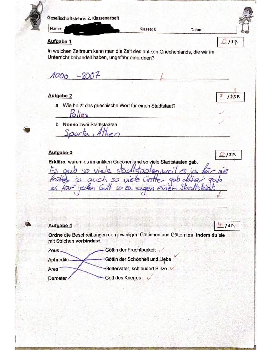 <h2>Antikes Griechenland Klasse 6 Test</h2>
<p>Name:<br>Klasse: 6</p>
<h3>Aufgabe 1</h3>
<p>In welchem Zeitraum kann die Zeit des antiken G