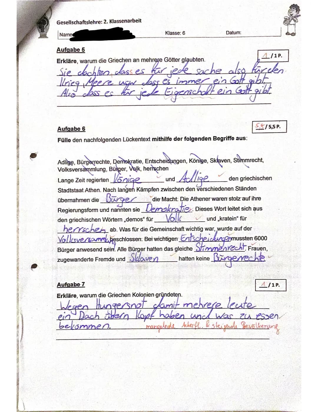 <h2>Antikes Griechenland Klasse 6 Test</h2>
<p>Name:<br>Klasse: 6</p>
<h3>Aufgabe 1</h3>
<p>In welchem Zeitraum kann die Zeit des antiken G