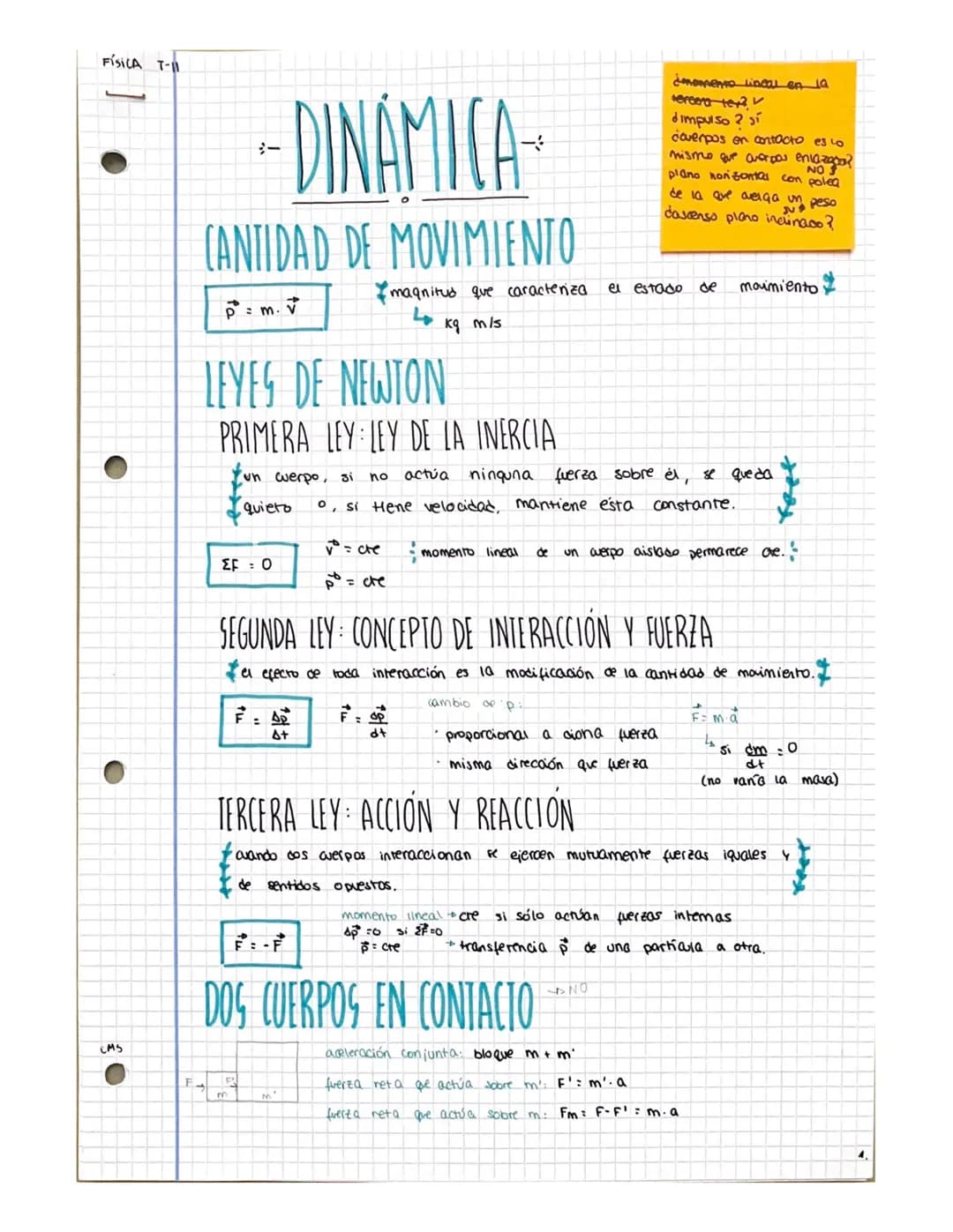 FÍSICA T-
-DINÁMICA
CANTIDAD DE MOVIMIENTO
$
p=m \cdot v$
έπαιρεμα ίπται en la
sereerater?
dimpulso? sí
NO
coverpos en contacto es lo
m