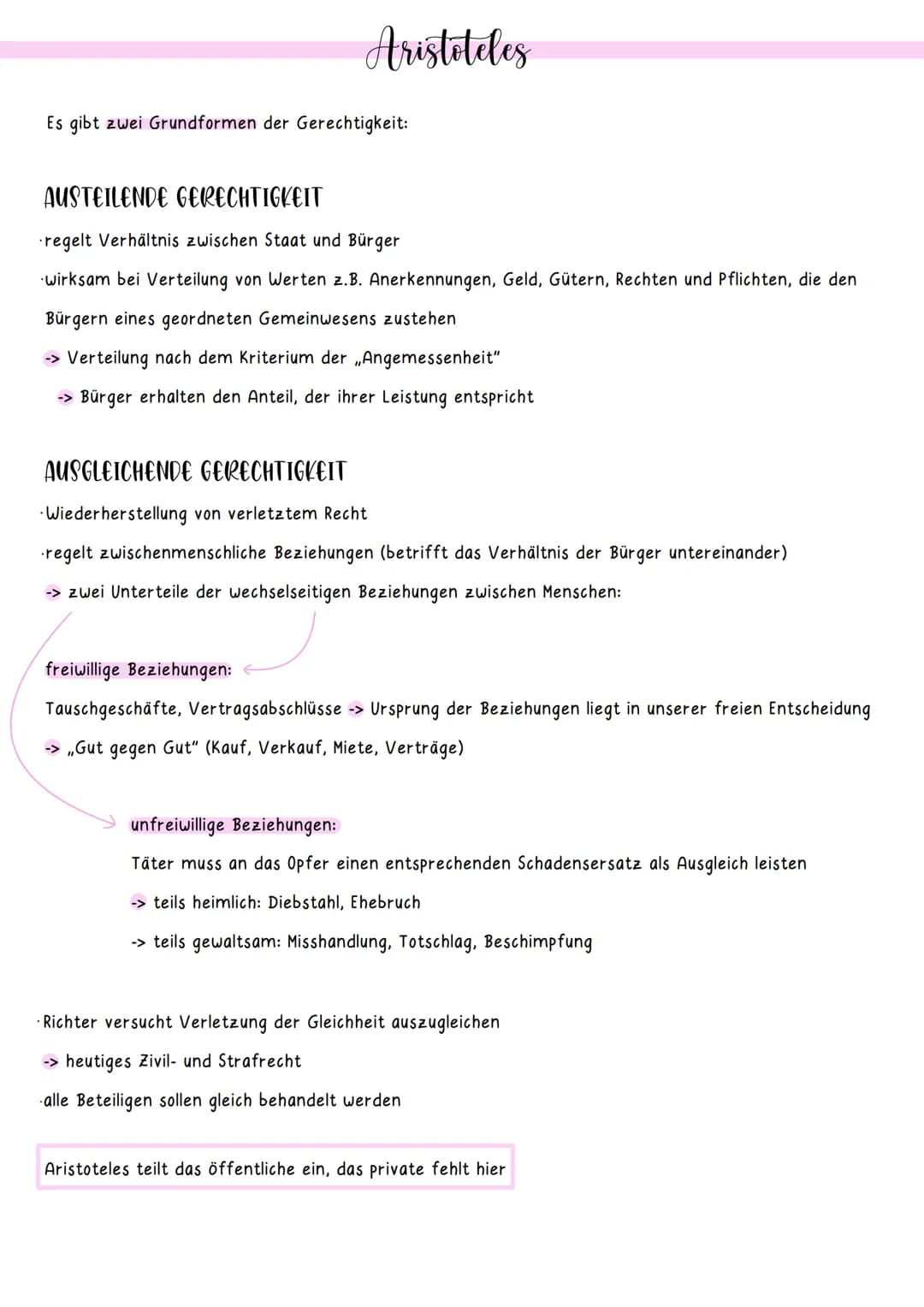 Aristoteles
Es gibt zwei Grundformen der Gerechtigkeit:
AUSTEILENDE GERECHTIGKEIT
regelt Verhältnis zwischen Staat und Bürger
wirksam be