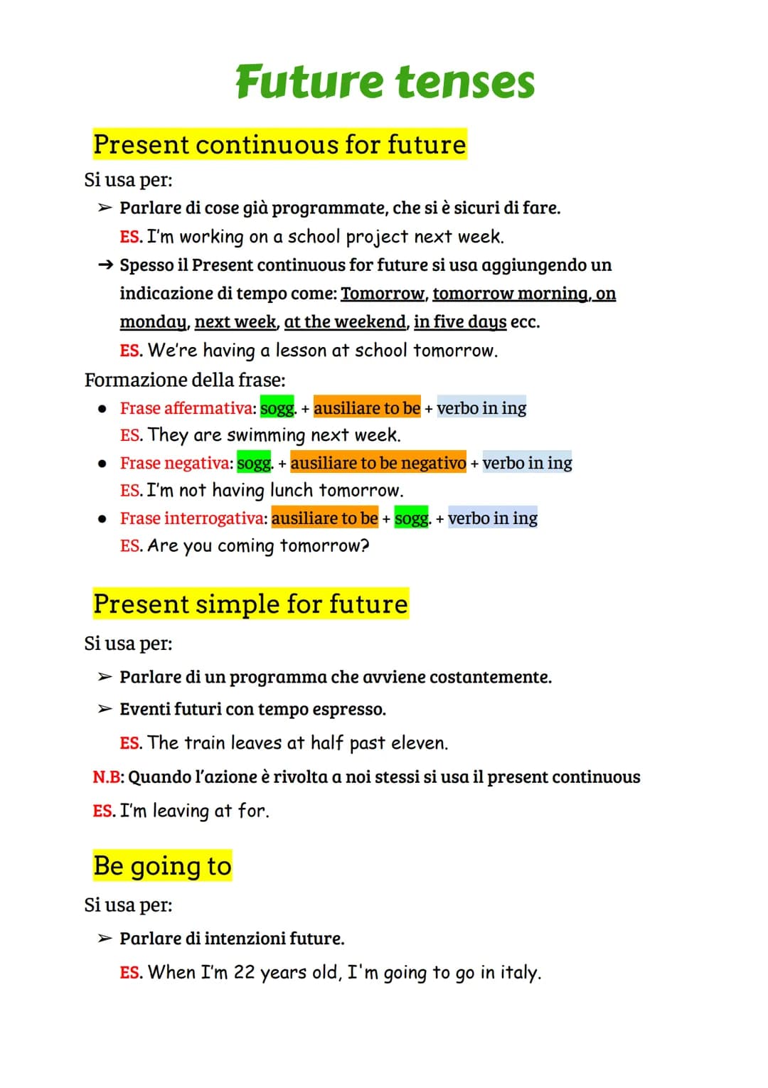 # Future tenses
Present continuous for future
Si usa per:
➤ Parlare di cose già programmate, che si è sicuri di fare.
ES. I'm working on