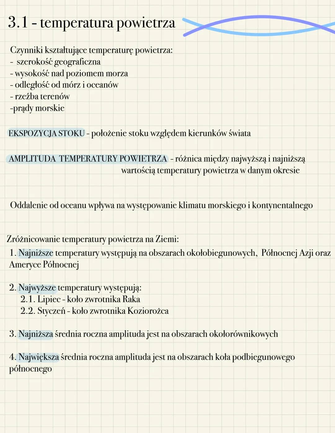 # 3.1 - temperatura powietrza
Czynniki kształtujące temperaturę powietrza:
- szerokość geograficzna
- wysokość nad poziomem morza
- odległo