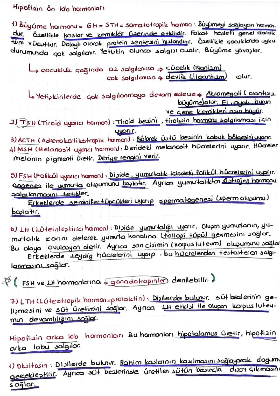 # Hipofizin ön lob hormonları
1) Büyüme hormonu = GH = STH = Somatotropik hormon: Büyümeyi sağlayan harman
dır. Özellikle kaslar ve kemikle