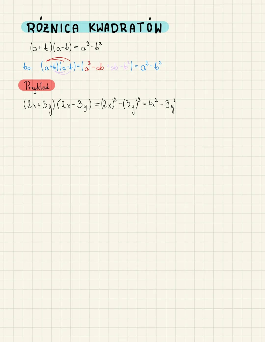 WZORY SKROCONEGO
MNOZENIA
MNOZENIE SUMY
$(a+b)^2 = a^2+2ab+b^2$
bo: $(a+b)^2= (a+b) (a + b) = a^2 + ab + ab+b^2 = a^2 + 2ab +b^2$
Przyk