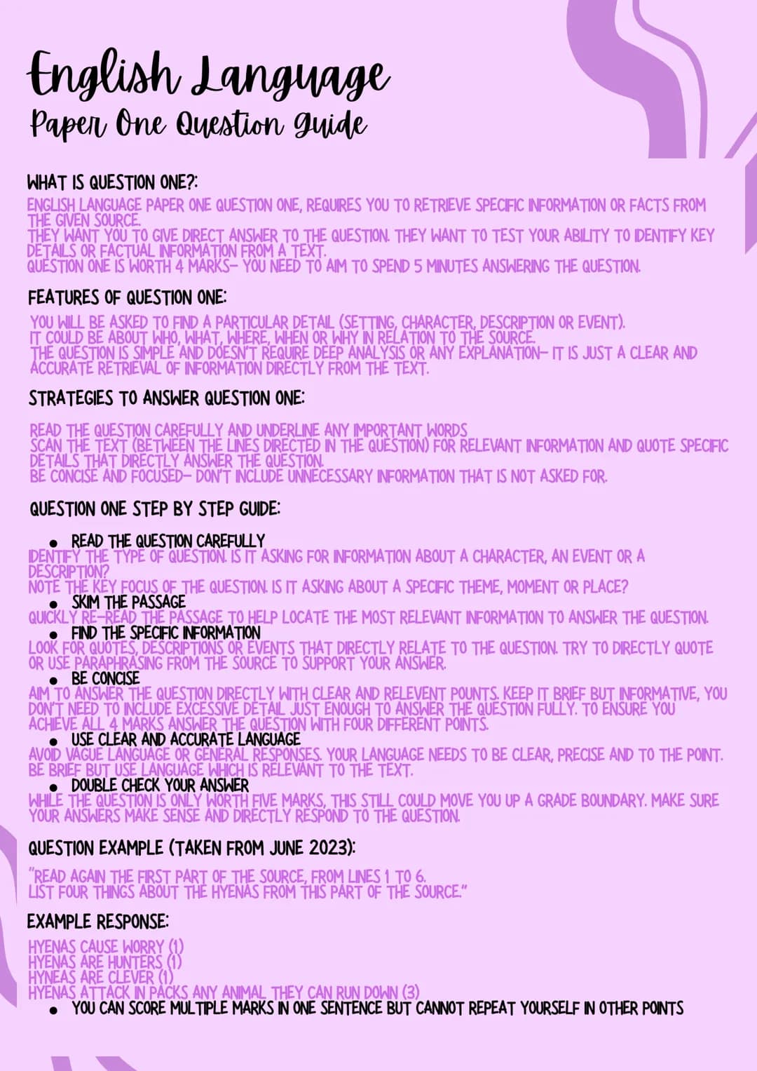 # English Language
Paper One Question guide
WHAT IS QUESTION ONE?:
ENGLISH LANGUAGE PAPER ONE QUESTION ONE, REQUIRES YOU TO RETRIEVE SPECIF