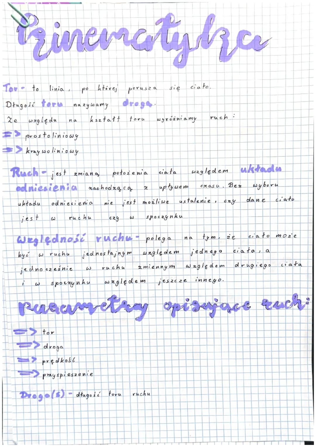 # Zinematyza
Tou to linia, po której porusza się ciało.
Długość toru nazywamy droga.
Ze względu na kształt foru wyróżniamy ruch:
=> pros