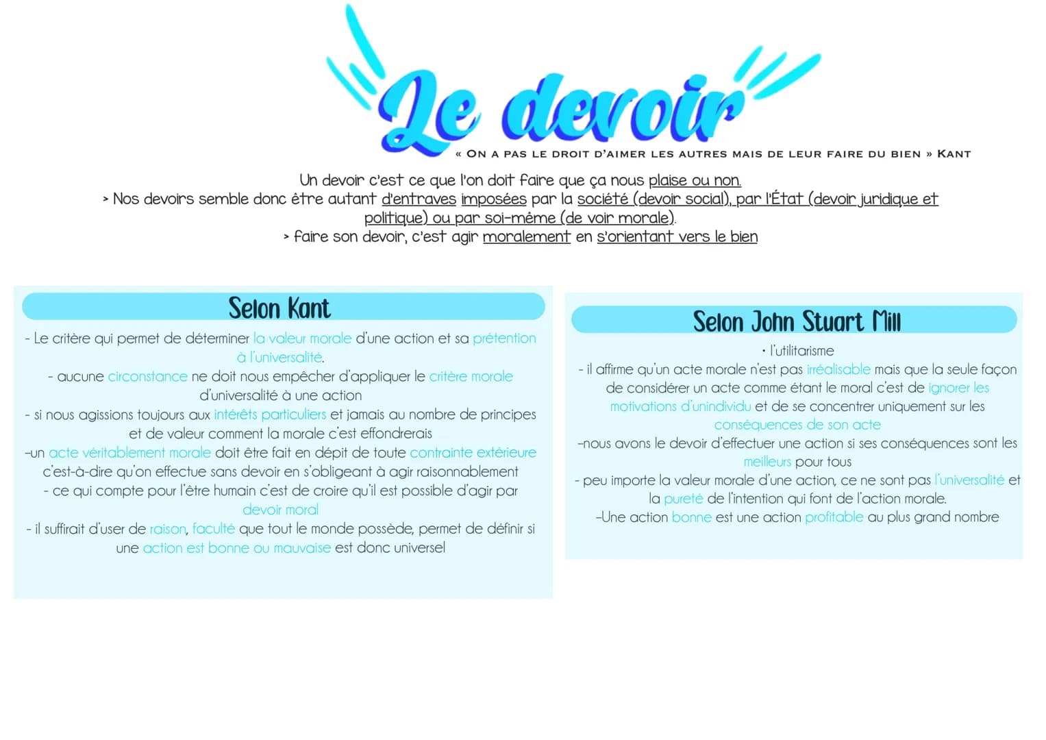 # Le devoir
<<< ON A PAS LE DROIT D'AIMER LES AUTRES MAIS DE LEUR FAIRE DU BIEN » KANT
Un devoir c'est ce que l'on doit faire que ça nous