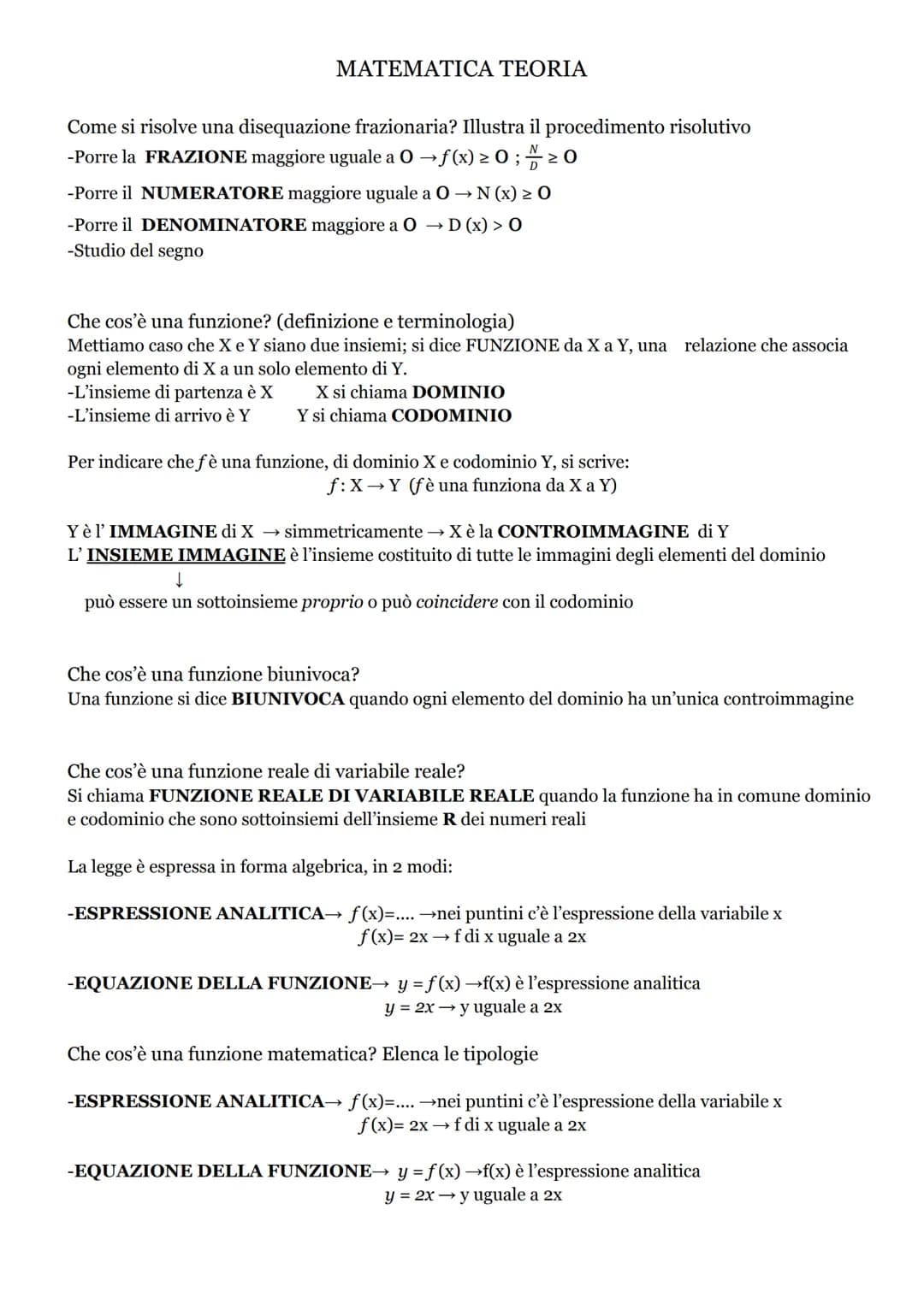 MATEMATICA TEORIA
Come si risolve una disequazione frazionaria? Illustra il procedimento risolutivo
-Porre la FRAZIONE maggiore uguale a O→