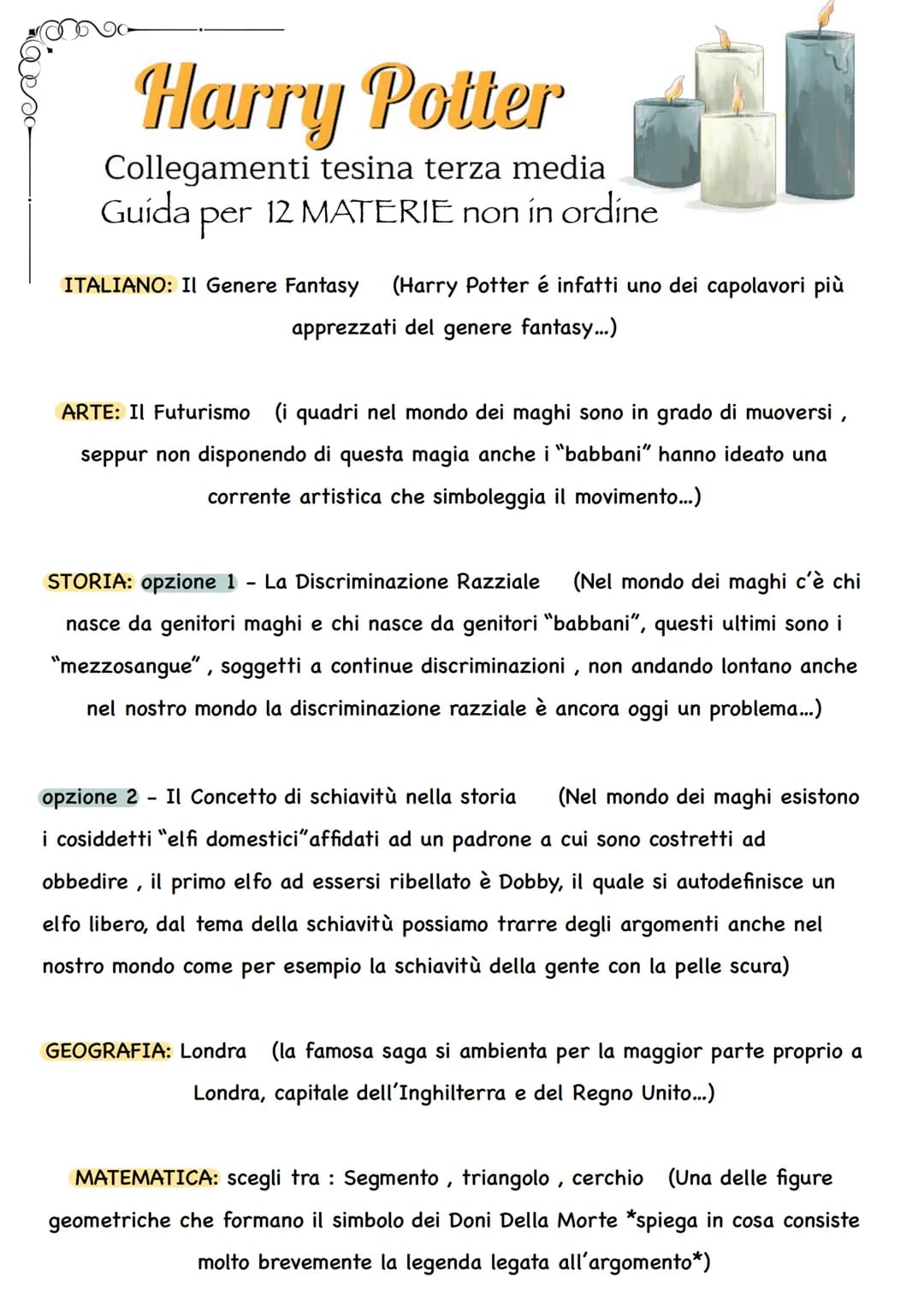 # Harry Potter
Collegamenti tesina terza media
Guida per 12 MATERIE non in ordine
ITALIANO: Il Genere Fantasy (Harry Potter é infatti uno