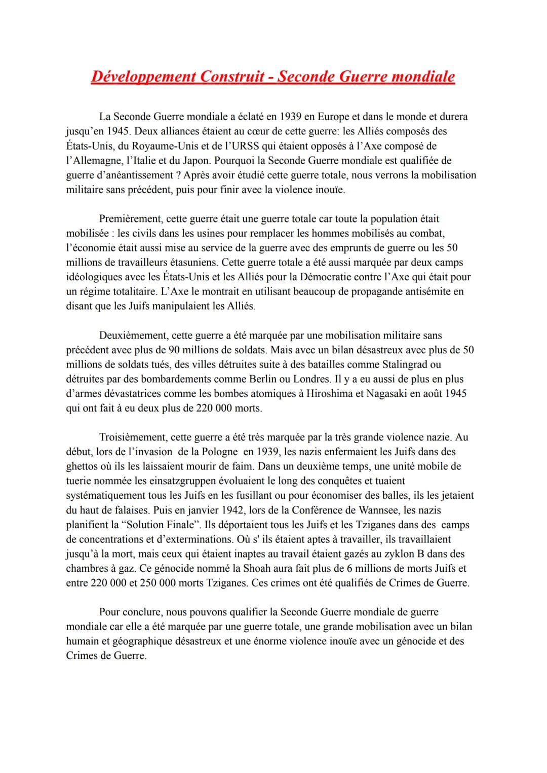 # Développement Construit - Seconde Guerre mondiale
La Seconde Guerre mondiale a éclaté en 1939 en Europe et dans le monde et durera
jusqu'