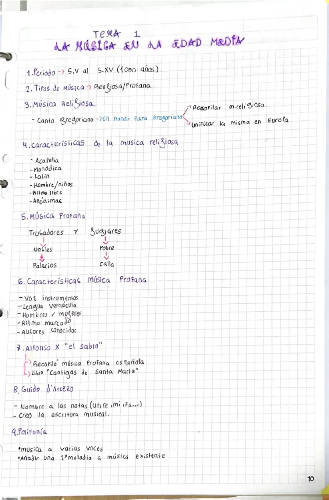Tera
1
LA MÚSICA EN LA EDAD MEDIA
1.Periodo -> 5.V al S.XV (1000 años)
2. Tipos de música -> Beligiosa/Profana
3. Música Religiosa
- Canto g