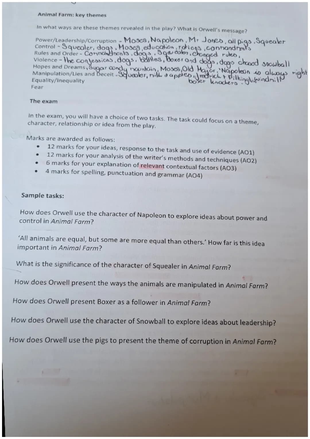 Animal Farm: key themes
In what ways are these themes revealed in the play? What is Orwell's message?
Power/Leadership/Corruption - Moses,