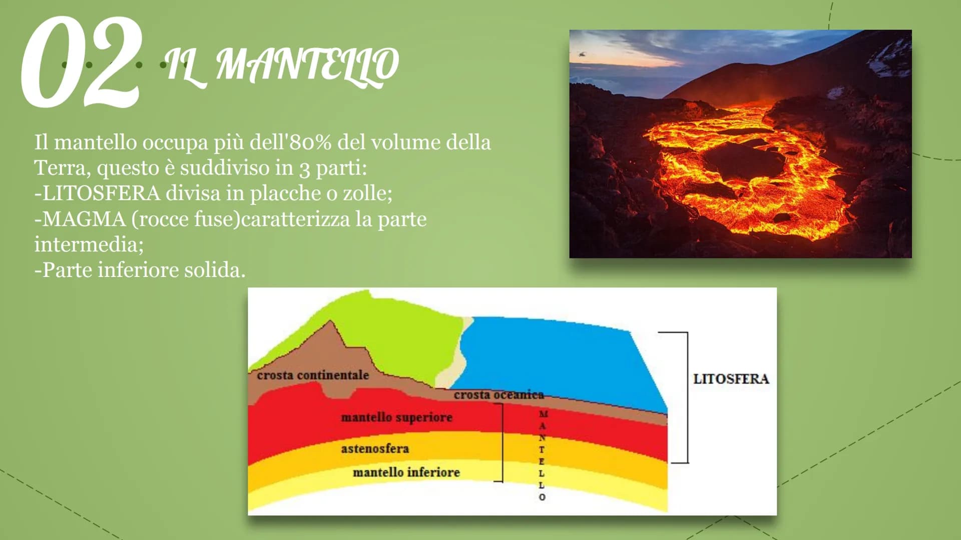 # La struttura
della terra La geologia studia l'origine, la composizione,
la struttura e le trasformazioni della terra.
MANTELLO
CROSTA
T