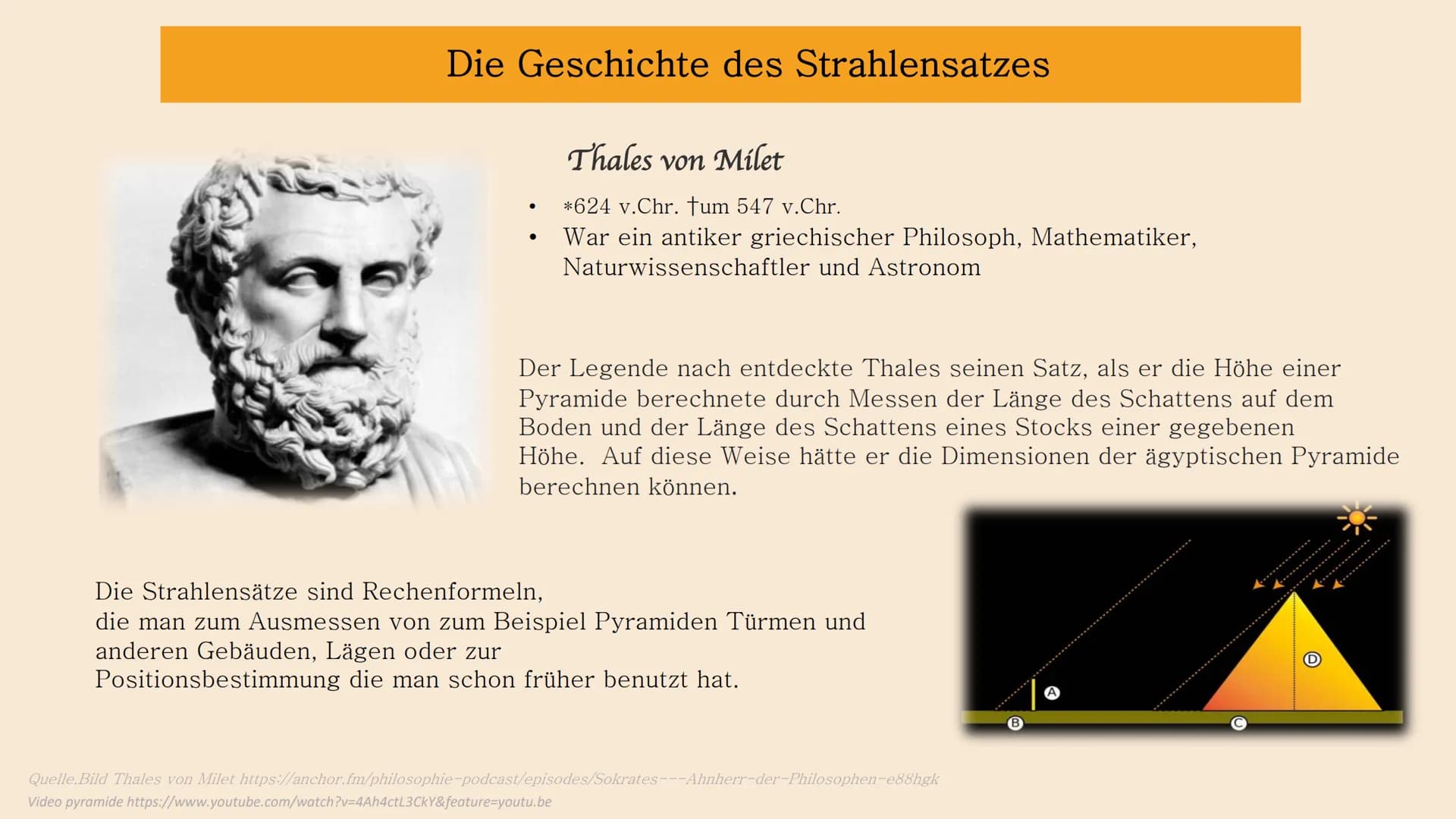 # Strahlensätze
GFS im Fach Mathe von Tamia
Lehrkraft Herr Öztürk Gliederung
1. Die Geschichte des Strahlensatzes
2. Verhältnisse, Ähnlich