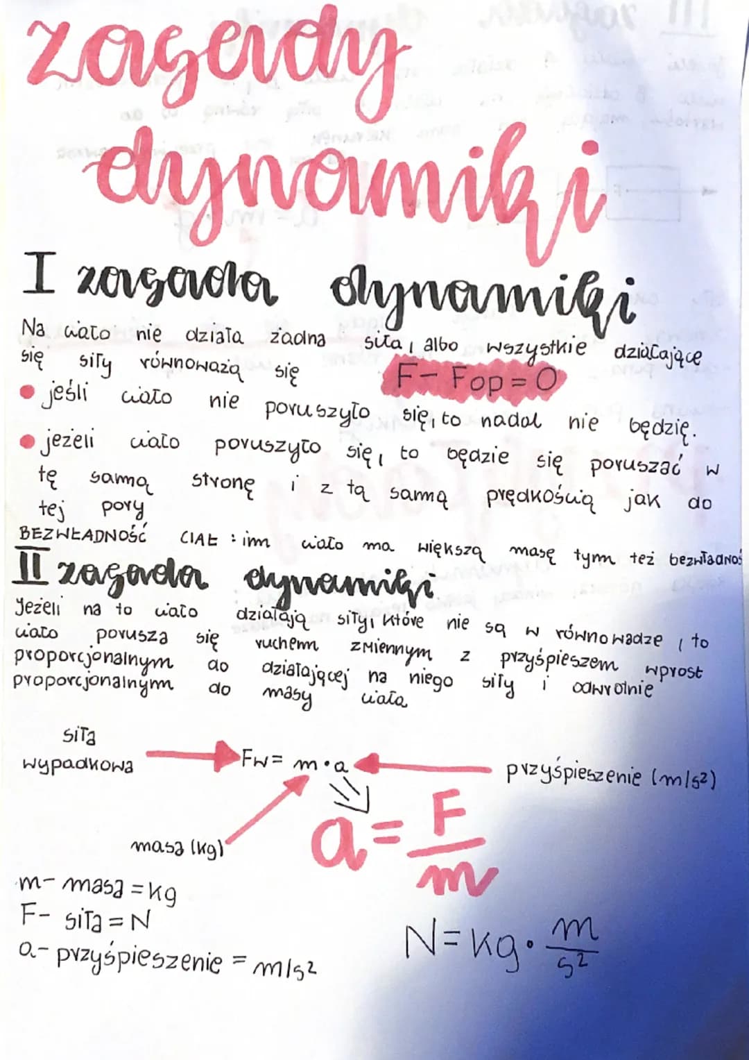 Zagerdy
dynamiki
I zargacha odynamiki
Na wato nie działa żadna sita, albo wszystkie działające
się siły równoważą się F-Fop = 0
• jeśli wat