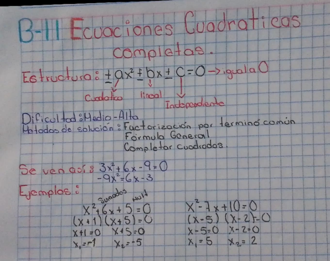 B-II Ecuaciones Cuadraticas
completas.
Estructura : ± ax + bx +C=0> igual a O
Cuadatica lineal Independiente
Dificultad: Media-Alta
Metados