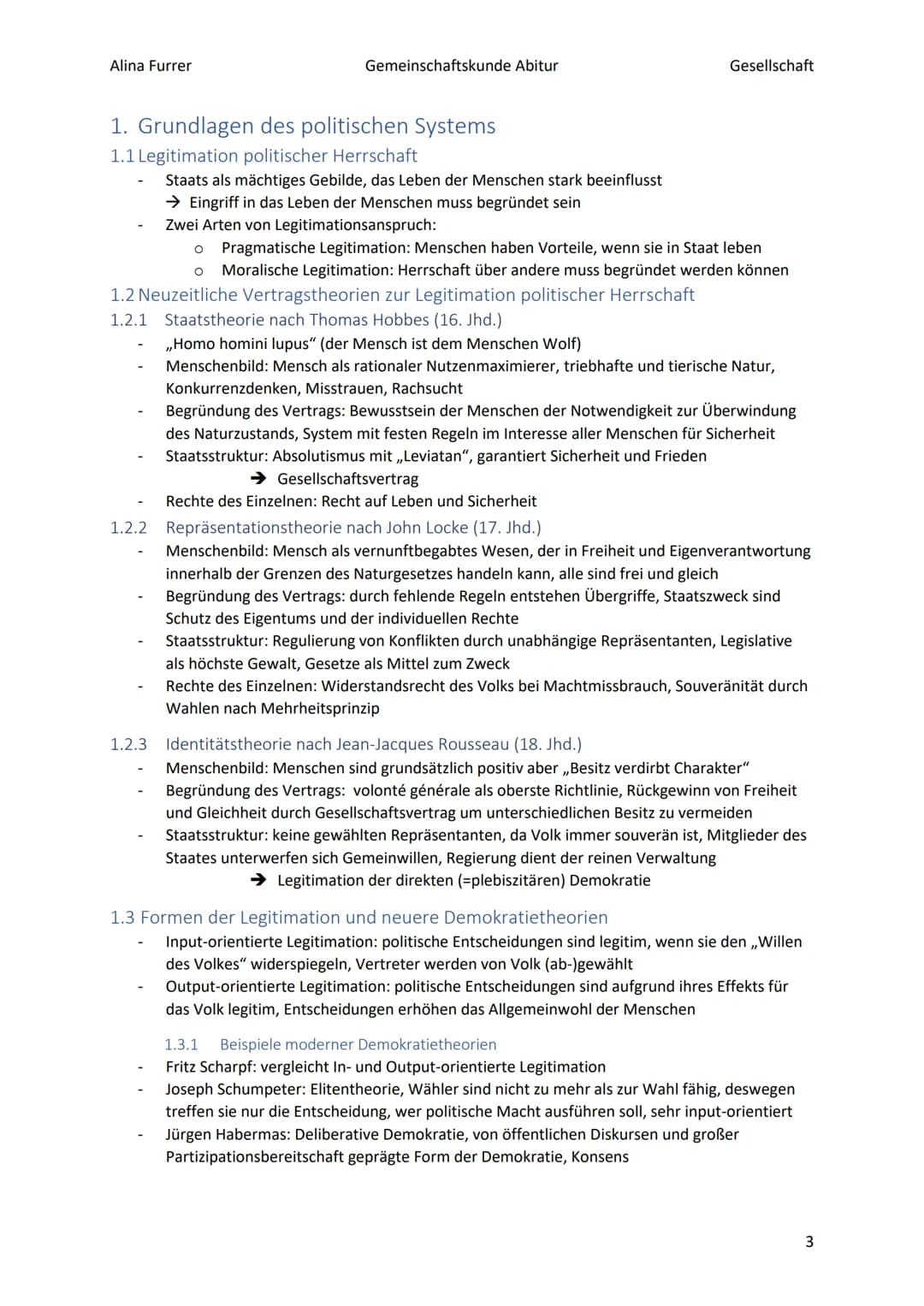 Alina Furrer
Gemeinschaftskunde Abitur
Gesellschaft
# Abitur Zusammenfassung Politische Systeme
# Inhaltsverzeichnis
1. Grundlagen des po