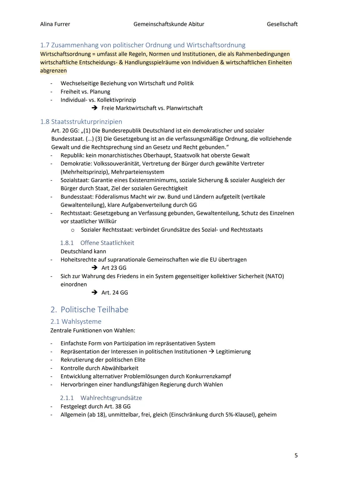 Alina Furrer
Gemeinschaftskunde Abitur
Gesellschaft
# Abitur Zusammenfassung Politische Systeme
# Inhaltsverzeichnis
1. Grundlagen des po