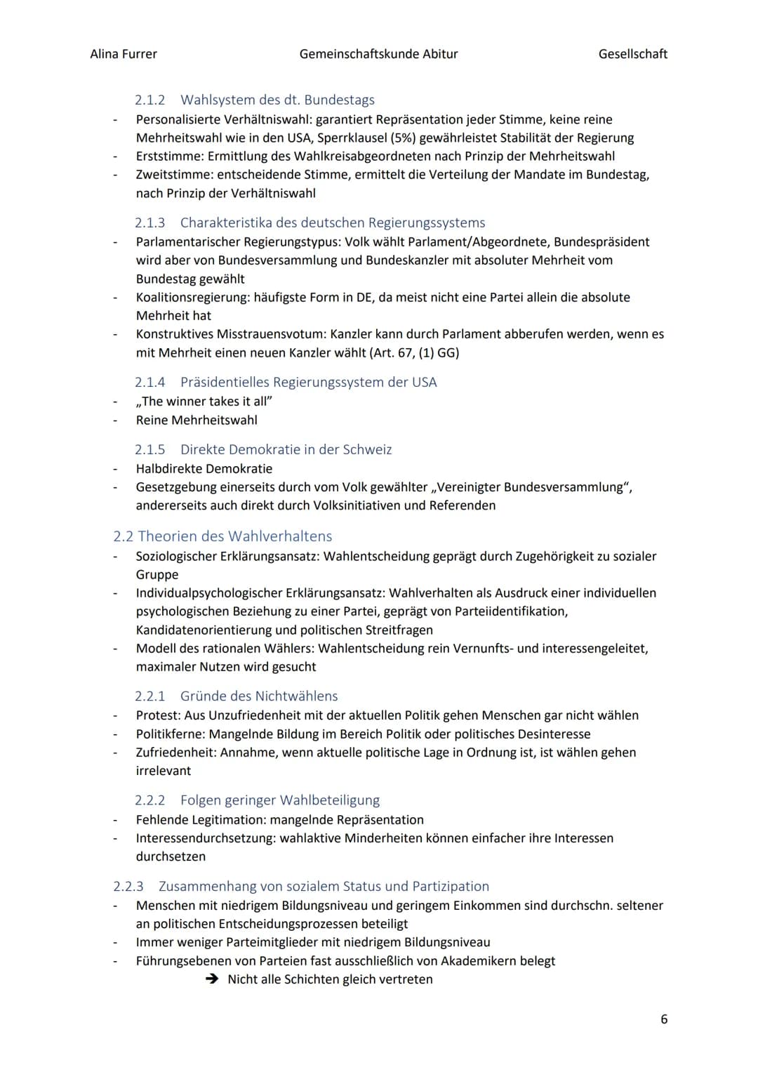 Alina Furrer
Gemeinschaftskunde Abitur
Gesellschaft
# Abitur Zusammenfassung Politische Systeme
# Inhaltsverzeichnis
1. Grundlagen des po