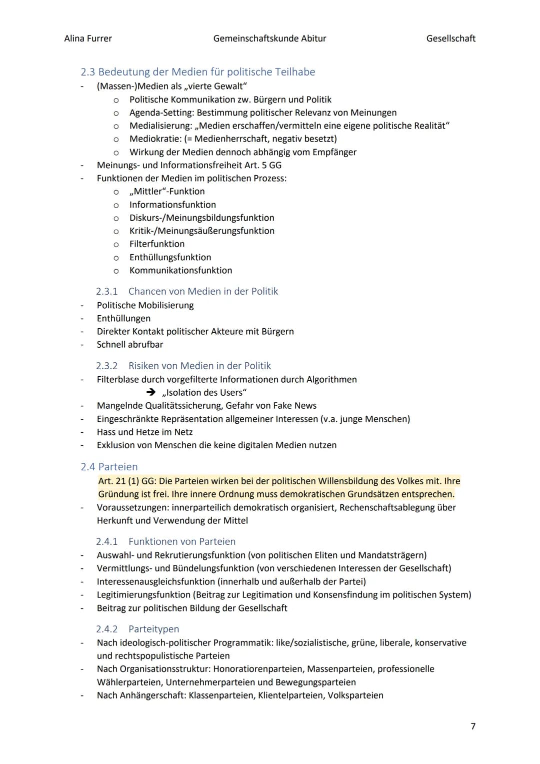Alina Furrer
Gemeinschaftskunde Abitur
Gesellschaft
# Abitur Zusammenfassung Politische Systeme
# Inhaltsverzeichnis
1. Grundlagen des po
