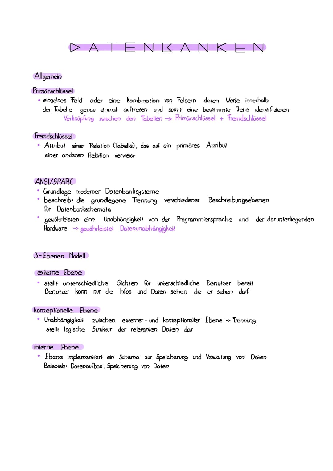 # DATENBANKEN
Allgemein
Primärschlüssel
* einzelnes Feld oder eine Kombination von Feldern deren Werte innerhalb
der Tabelle genau ein