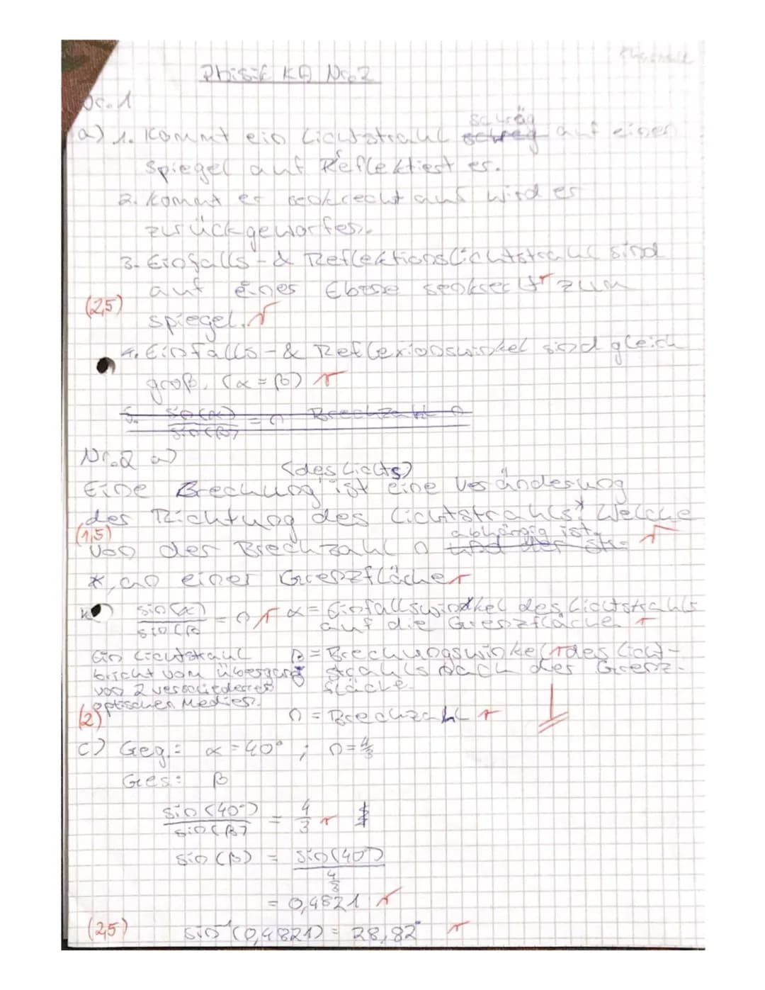 2. Physik-Klassenarbeit in Klasse 9d (G9)
1.6.2017
Name: cuantace
(2,5) Formuliere das Reflexionsgesetz für Lichtstrahlen bei Spiegeln.
(2)